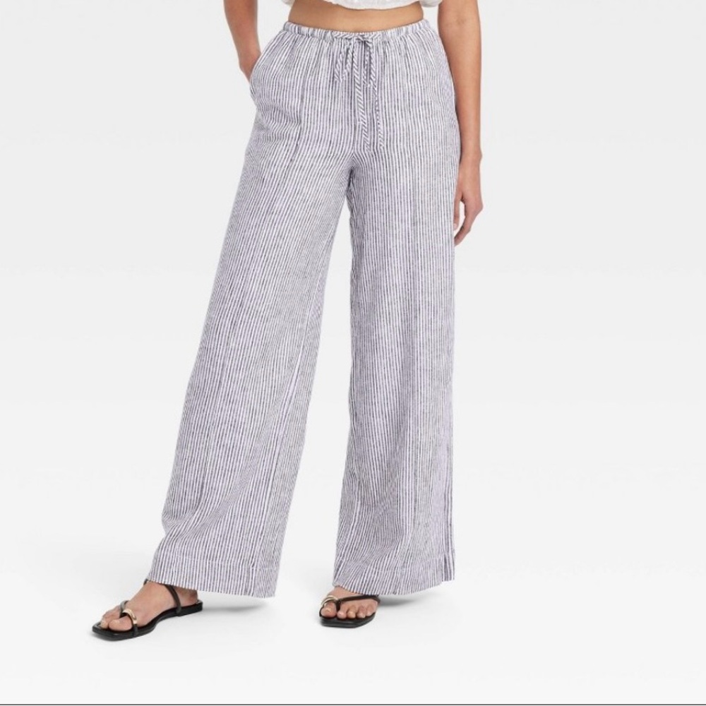 A New Day Women's High-Rise Wide Leg Linen Pants - Black/White Striped M